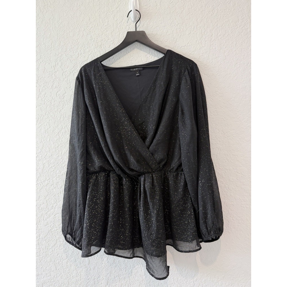 Lane Bryant Black Gold Shimmer Wrap Top Sheer Sleeves Women's Plus Size 16